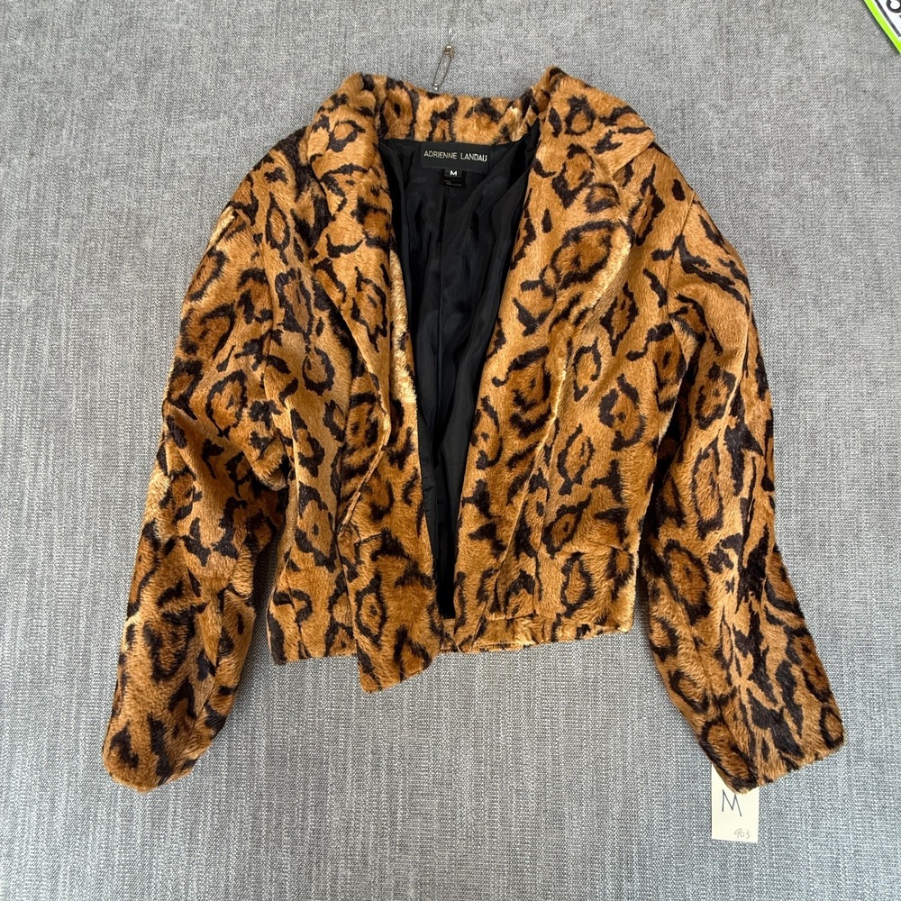 Adrienne Landau Faux Fur Blazer Jacket Womens Medium Brown Black Leopard Print